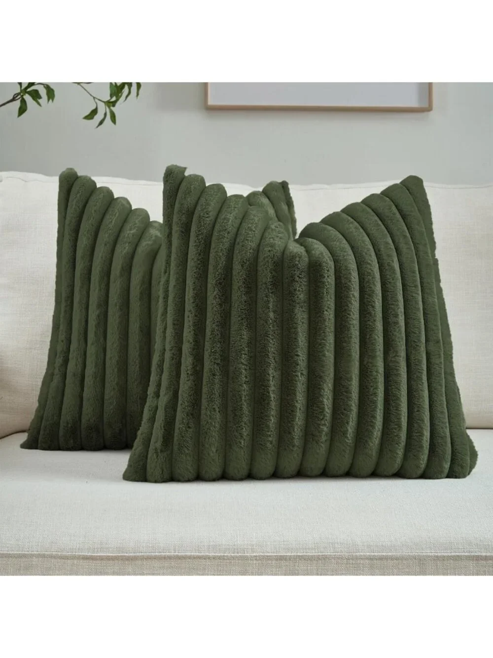Set of 2 Olive Green Fluffy Faux Fur Throw Pillow Covers 18x18